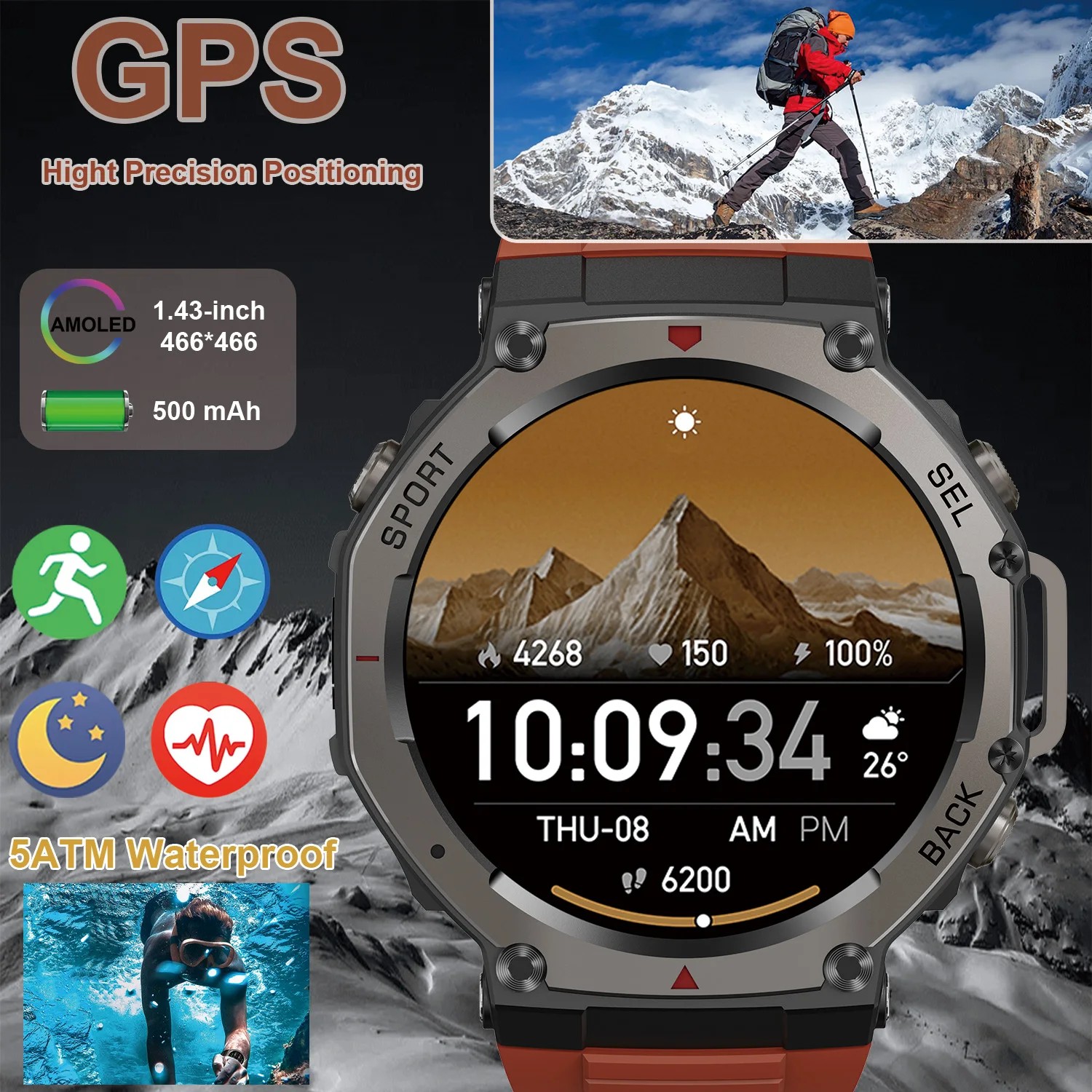 Ʈ ð ߿ Smartwatch  5ATM  GPS 1.43..